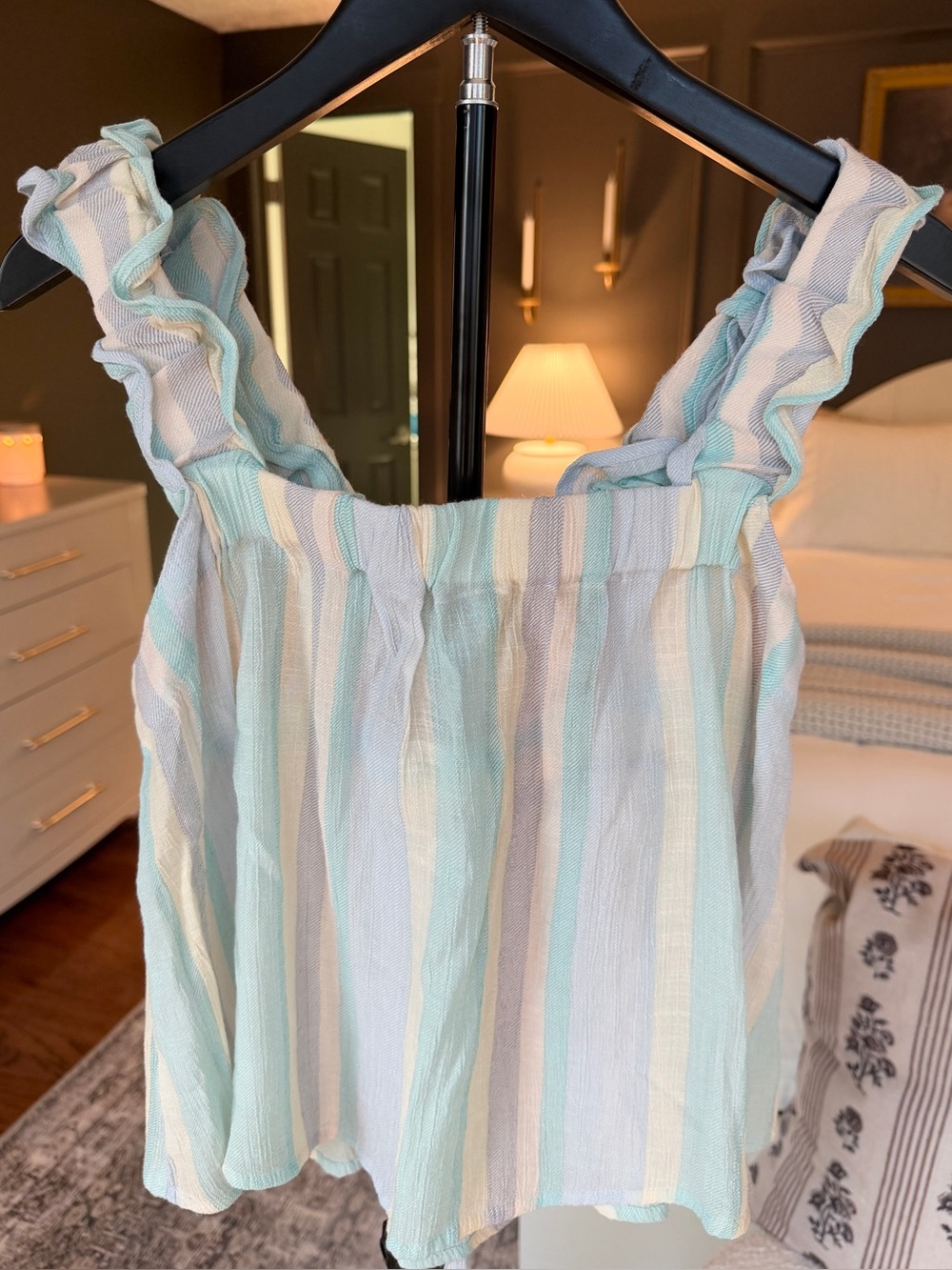 Blu Pepper Striped Ruffle Tank Top Small Blue Tie Back Flowy Summer